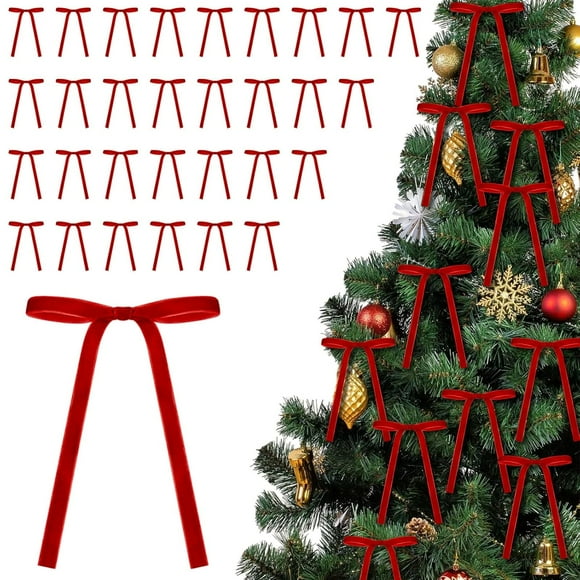 Velvet Christmas Bows, 30 Pcs Red Velvet Christmas Tree Bows for Christmas Tree Vintage Ribbon Bows for Xmas Home Outdoor Indoor