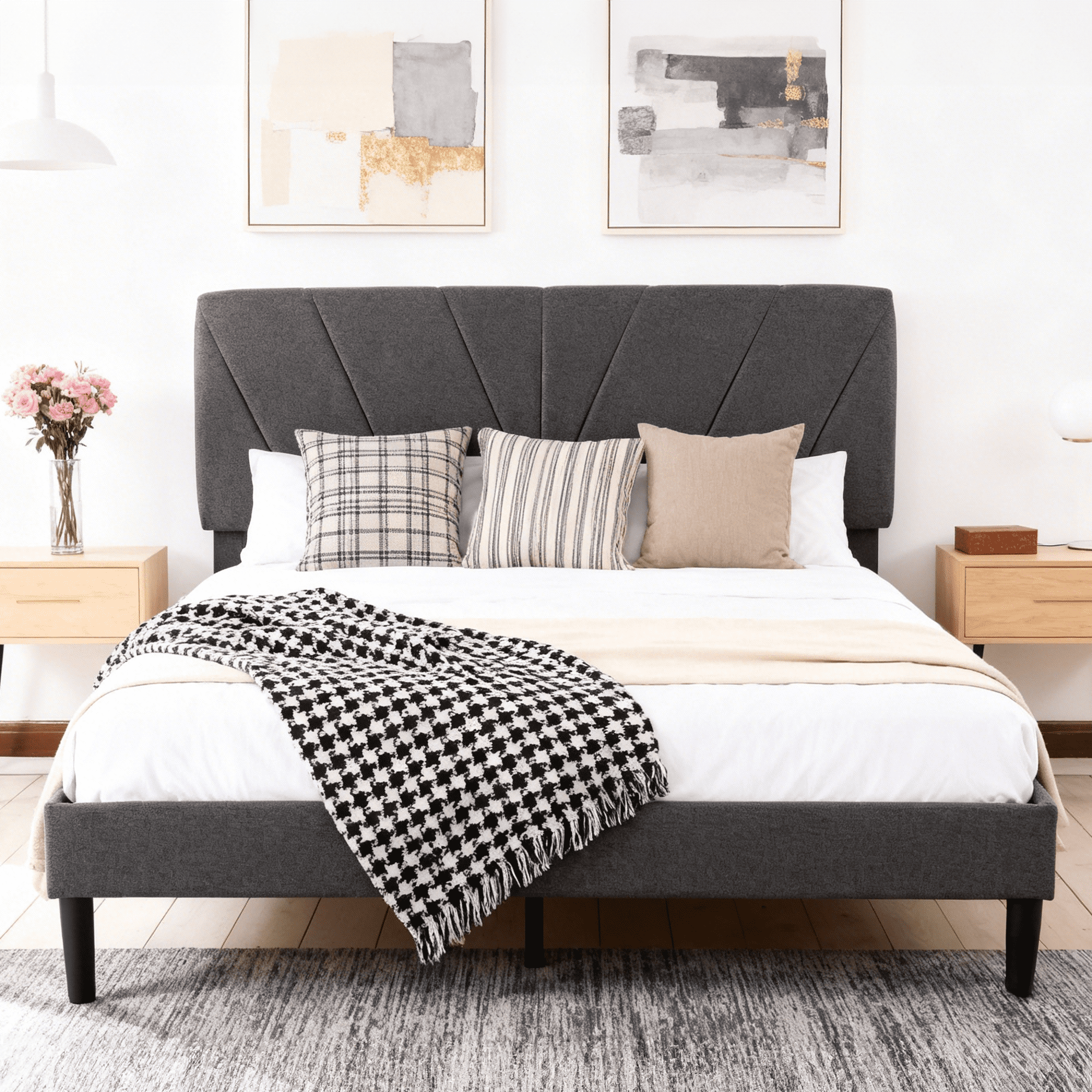 EDX Queen Bed Frame with Upholstered Adjustable Headboard, Heavy Duty Platform, No Box Spring, Grey