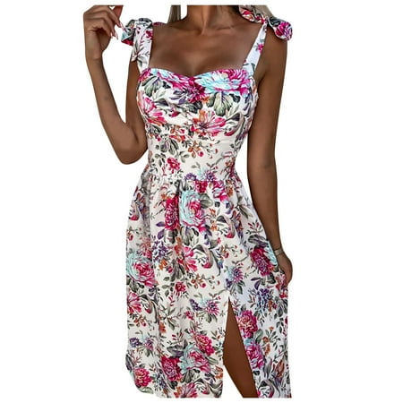 SnnmBlm Women Floral Corset Dress  Boho Summer Spaghetti Straps Square Neck Casual Midi Dress Flowy Slit Bustier Dresses Red M