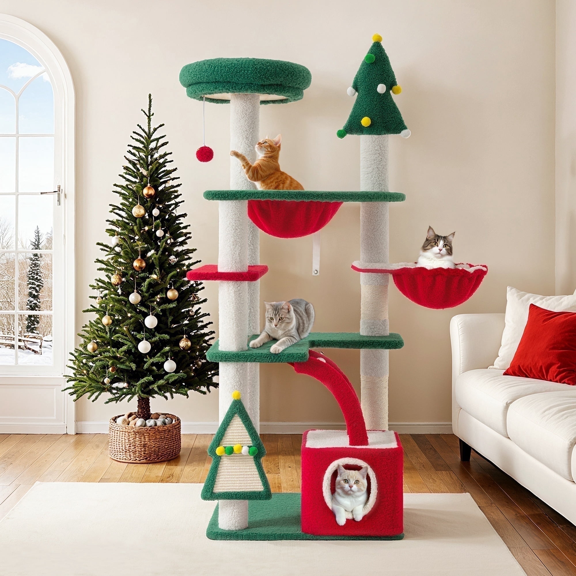 Amolife 67" Large Cat Tree and Tower, Christmas Condo House with Stair & Scratching Posts for Indoor Cat, Red & Green