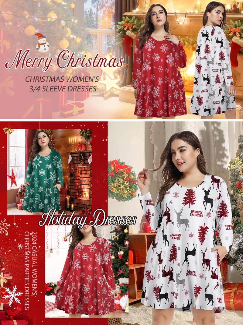 Plus Size Christmas Dresses 1X for Women, VEPKUL Crew Neck T Shirt Dress  Long Sleeve Casual Loose Swing Fall Dress with Pockets - Walmart.com
