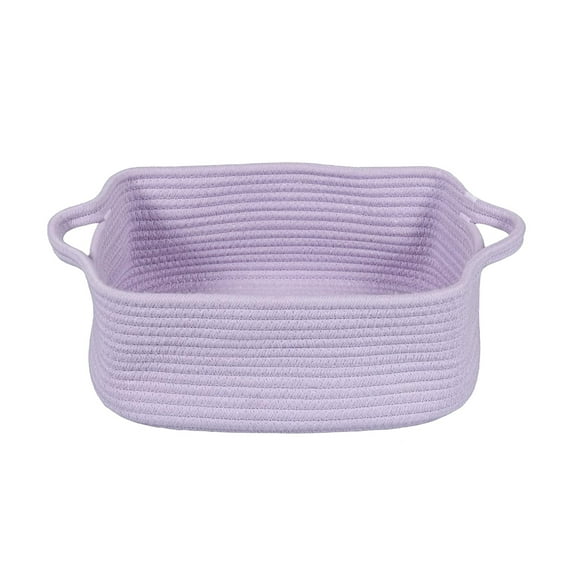 Woven Cotton Rope Storage Basket with Handles for Organizing Shelves Closet Small Cat Dog Pet Toy Baskets Box Bin Decorative Rectangle Baby Nursery basket Gift basket Empty(light purple)