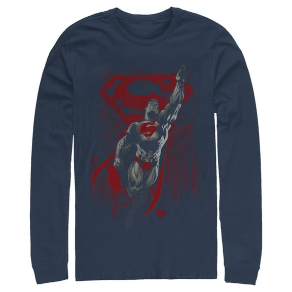 Men's Superman Grunge Hero Flight Long Sleeve Shirt Navy Blue 2X Large