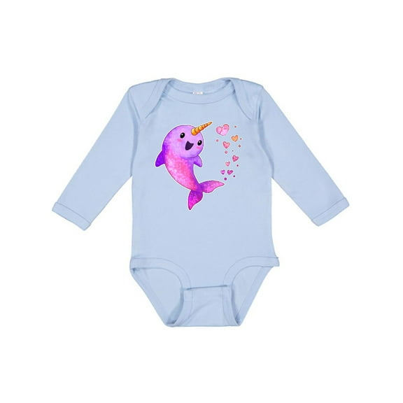 Inktastic Valentine's Day Cute Pink Narwhal with Hearts Boys or Girls Long Sleeve Baby Bodysuit