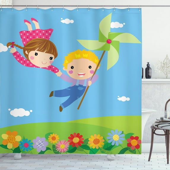 Pinwheel Shower Curtain, Little Boy and Girl Flying Fantasy Fairy Friendship Joyful Childhood Games Cartoon, Fabric Bathroom Set with Hooks, 69W X 75L Inches Long, Multicolor, by Ambesonne
