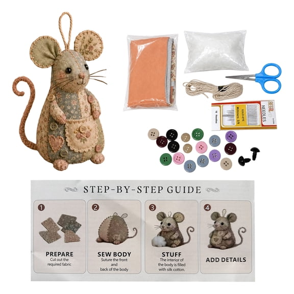 Patchwork Mouse DIY Kit, Vintage Style Sewing Craft Kit, Pre-Cut Fabric Ornament Making Set, Beginner Friendly, Handmade Mouse Decor for Home & Gifting