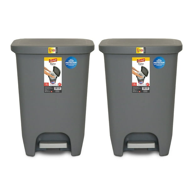 Glad Plastic Step Trash Can, 13 Gallon, Gray (2 PACK)