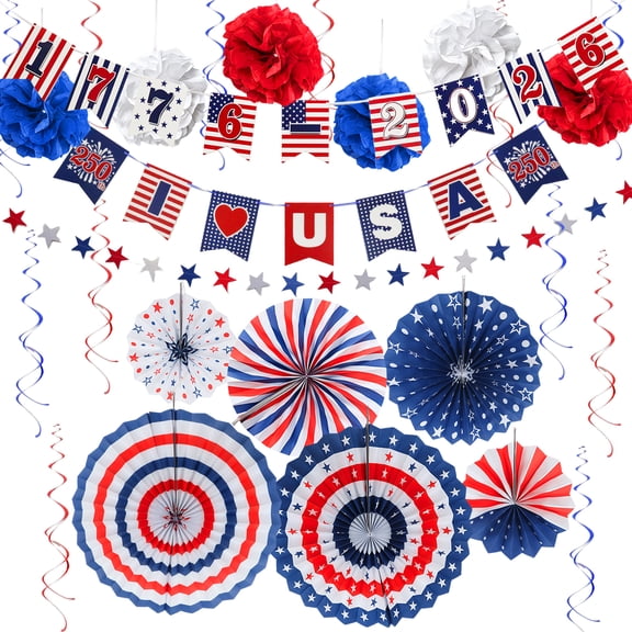 4th of July Decorations Set, 250th Independence Day Red White Blue Paper Fans, Pompom Garland Banner and Hanging Swirls for Patriotic Party Supplies