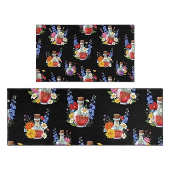 Pioneer Flower Floral Print Pattern Kitchen Rugs Sets Of 2, Anti Fatigue Non Slip Washable Floor Mats for Kitchen Sink Laundry, 17X30 Inch 17X47 Inch