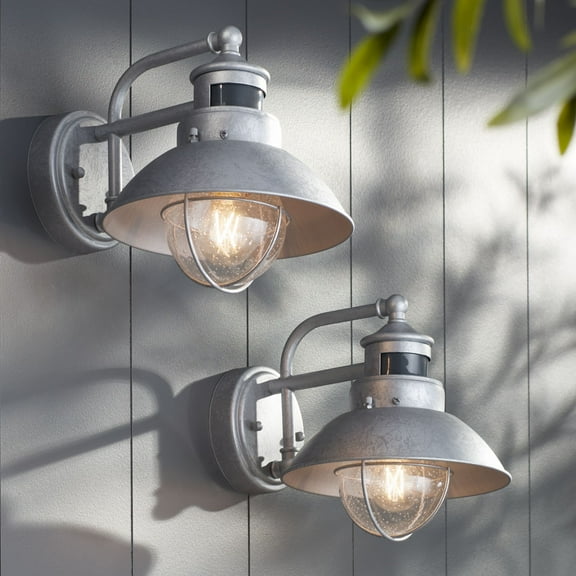 John Timberland Modern Industrial Outdoor Barn Lights Set of 2 Metal Dusk to Dawn Motion Sensor Gooseneck 9" Clear Glass Exterior