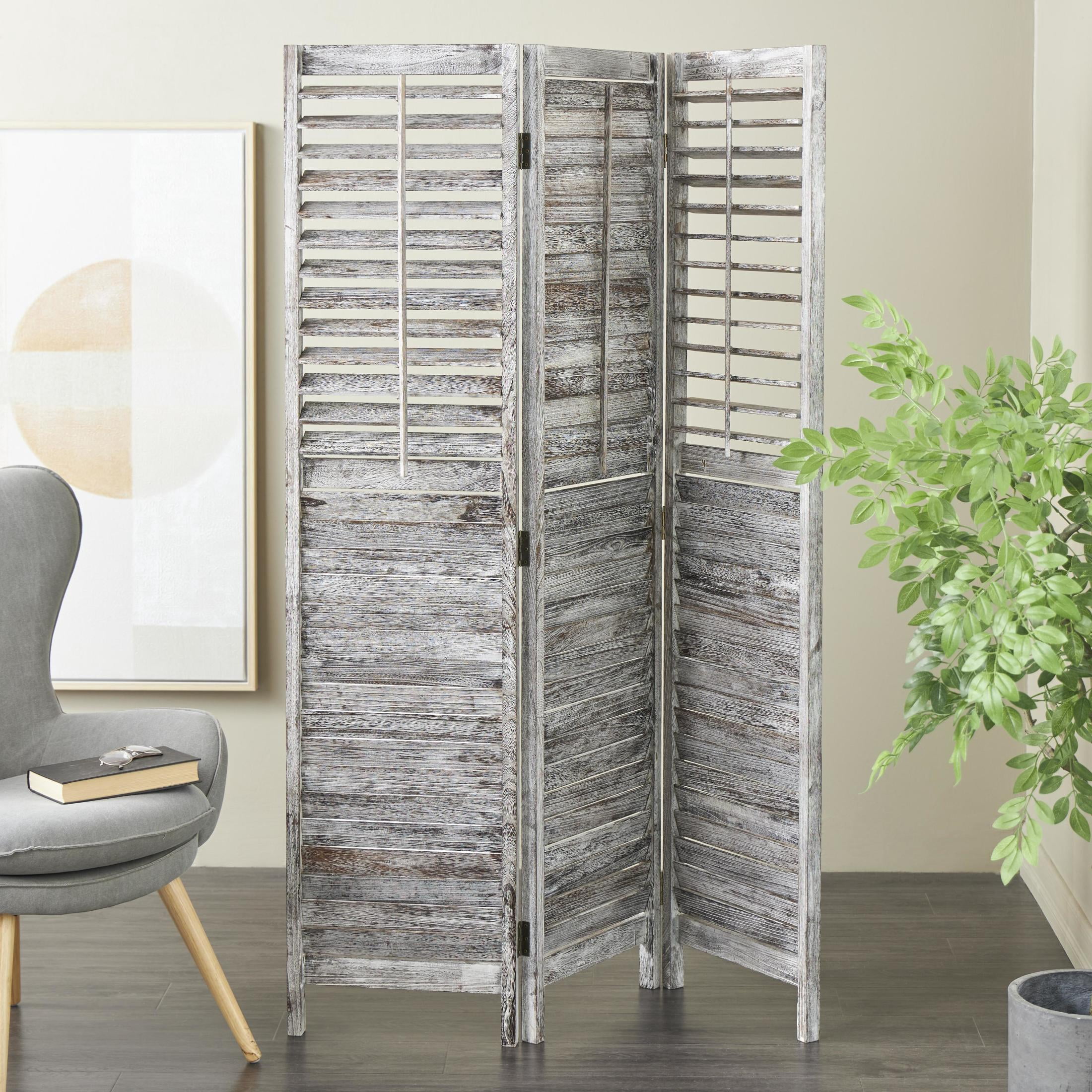 DecMode 48" x 67" Gray Wood Distressed Shutter Top 3 Panel Room Divider Screen with Brown Accents, 1-Piece
