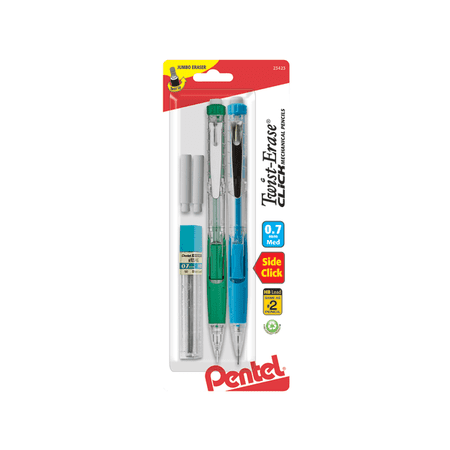 Twist-Erase CLICK Mechanical Pencil, (0.7mm) CLEAR Barrel, with Lead and 2 Erasers, 2-pk