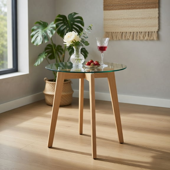 Topcobe Set of 2 Tempered Glass End Tables Round with Solid Rubber Wood, End Tables Living Room, Modern Furniture for Home