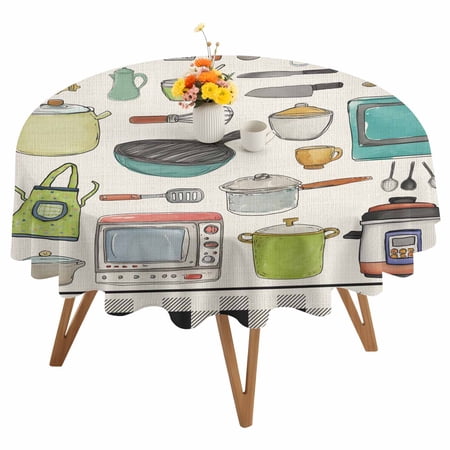 Vintage Kitchenware Round Tablecloth 54 inches Cooking Kitchen Pot Spatula Bowl Spoon Waterproof Oil-Proof Table Cloth Round Table Cover for Holiday Party Picnic Dinner Decor Indoor and Outdoor Use