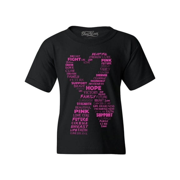 Shop4Ever Kids Pink Ribbon Heart Montage Word Cloud Breast Cancer Graphic Child's Youth T-Shirt X-Small Black