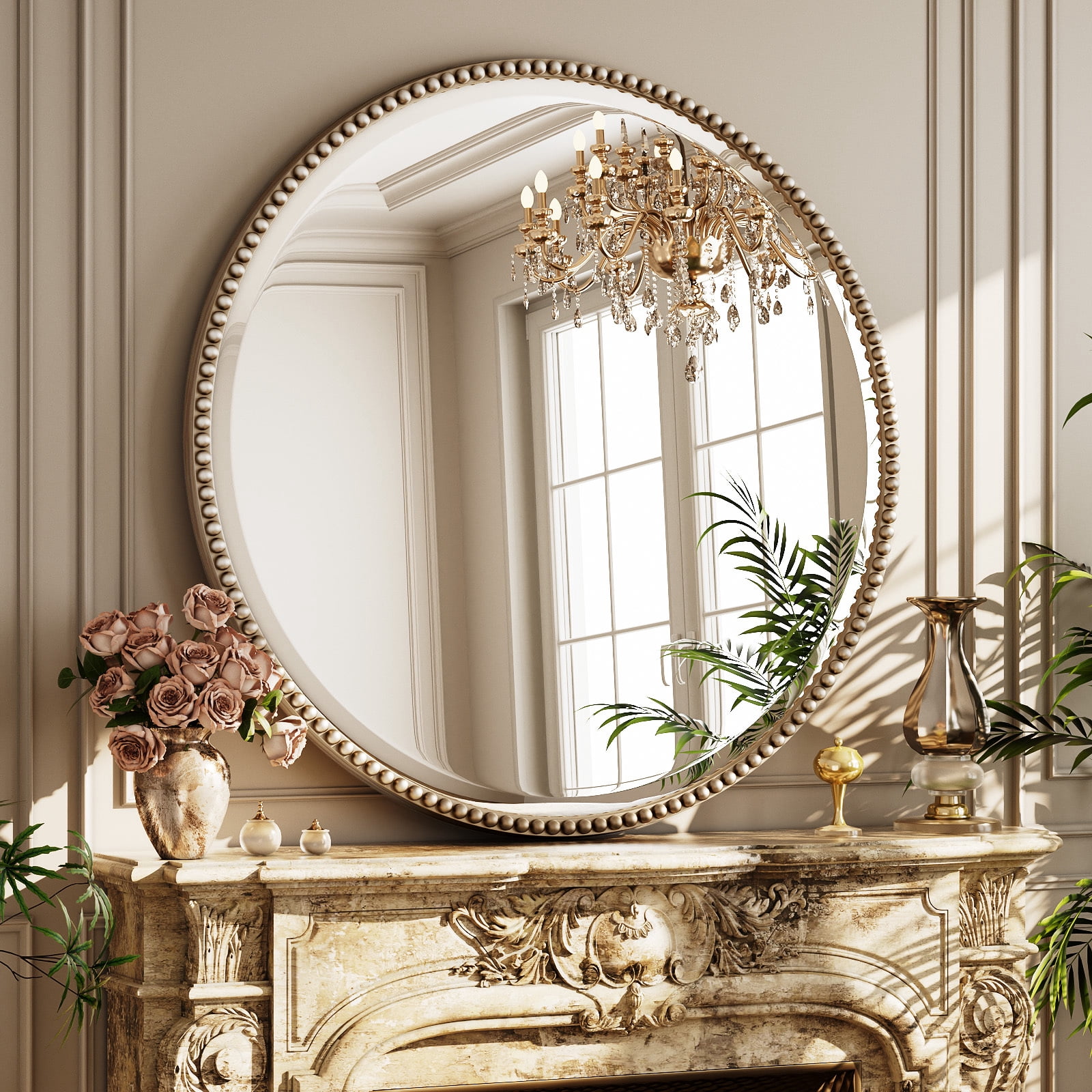 Puremirror 32" Round Bathroom Mirror Decoration Wall Mirror with Beaded Frame, Silver