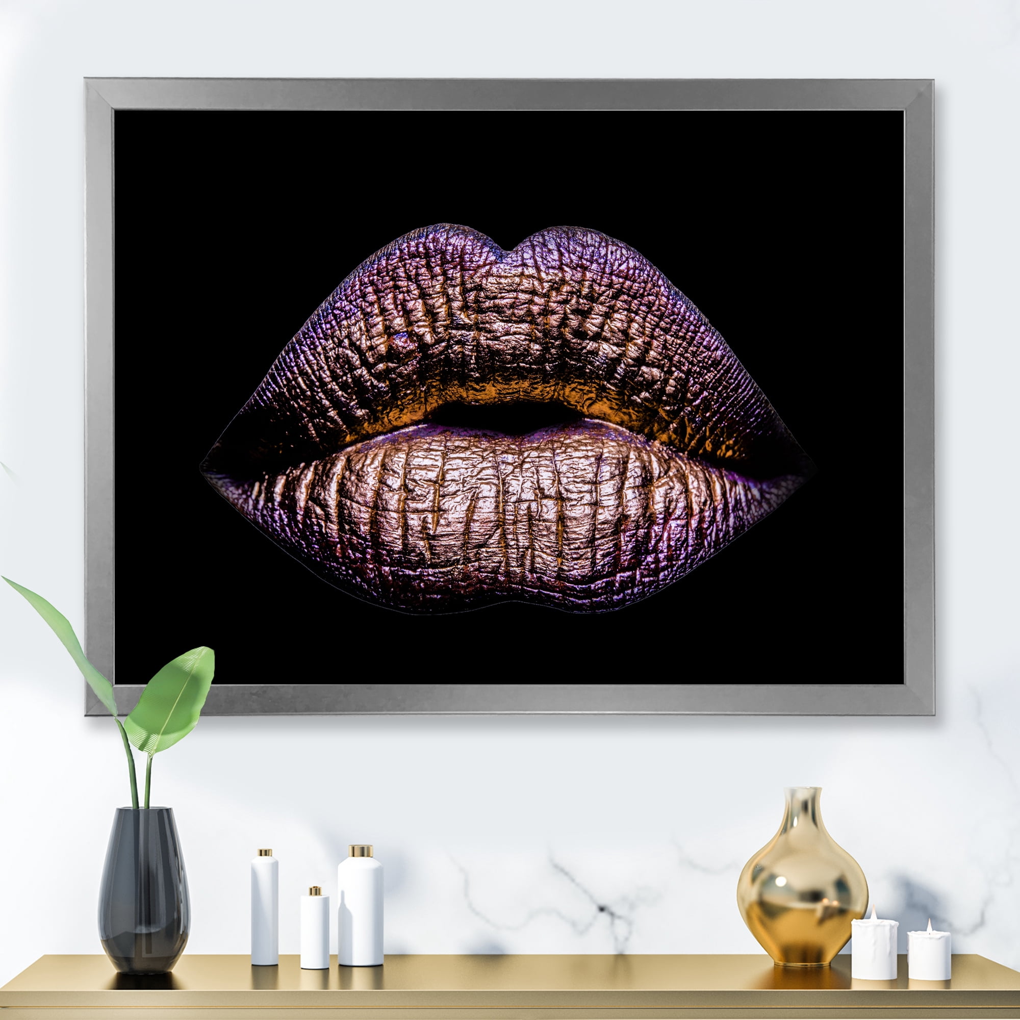 Designart 'Sexy Golden Metallized Woman Lips V' Modern Framed Art Print