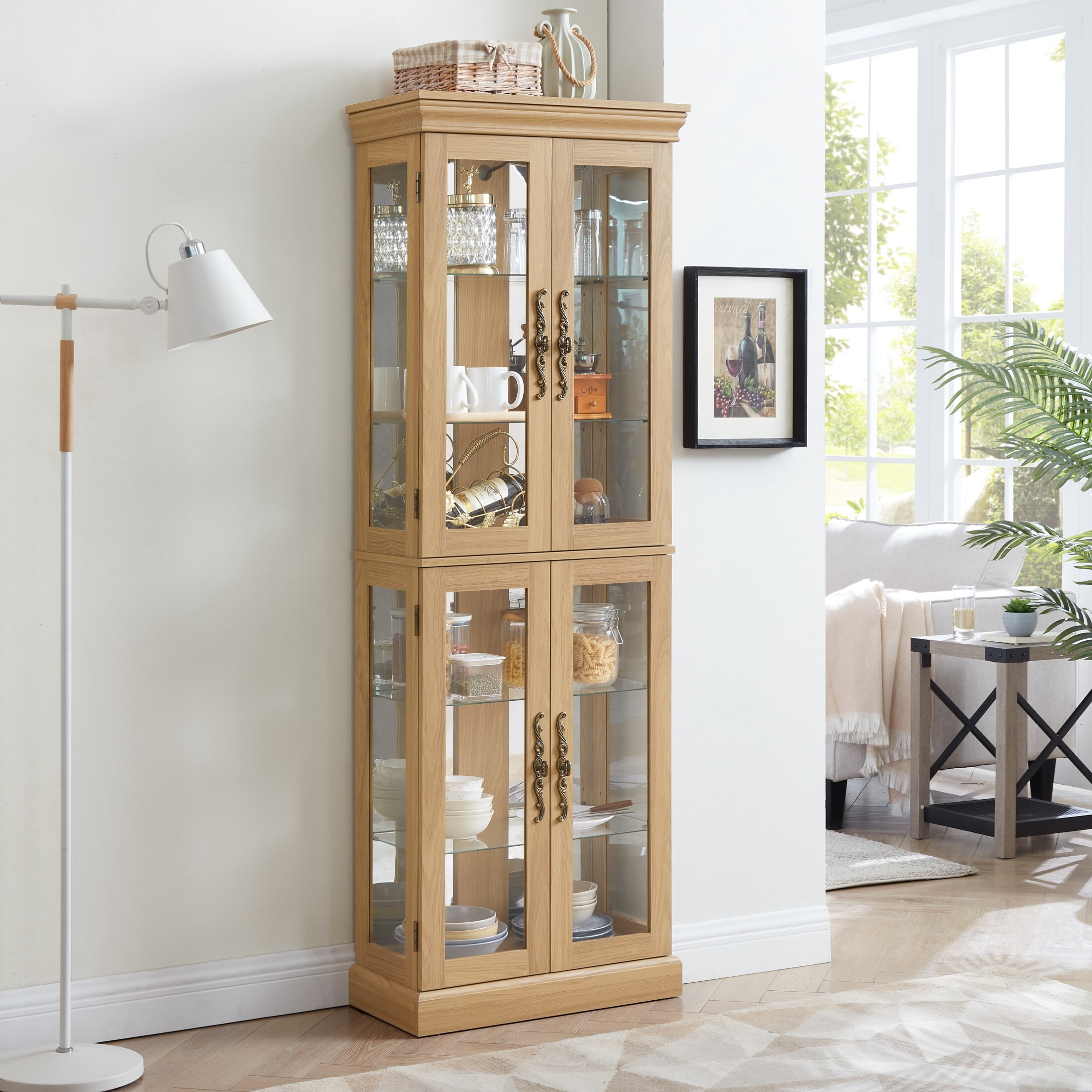 AENKYO Lighted Glass Display Cabinet, Vintage Glass Curio Cabinet Wine Cabinet with Adjustable Glass Shelves, Black Cherry
