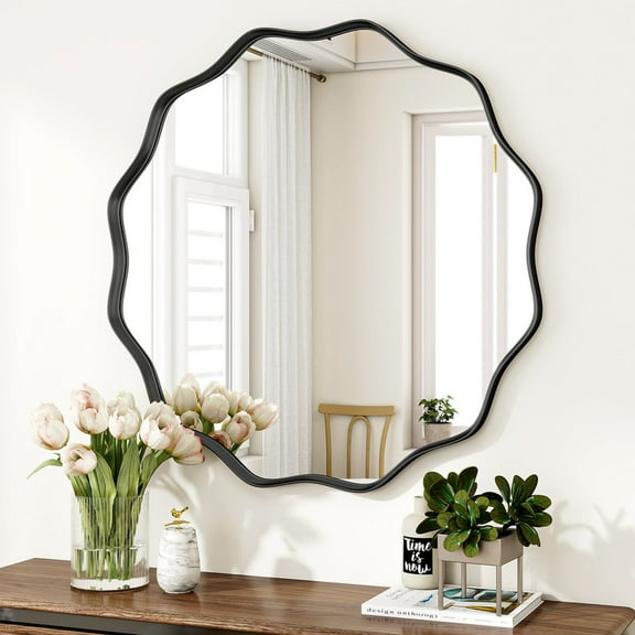 Easy4Home 30" Wavy Round Decorative Mirror With Deep Frame, Black