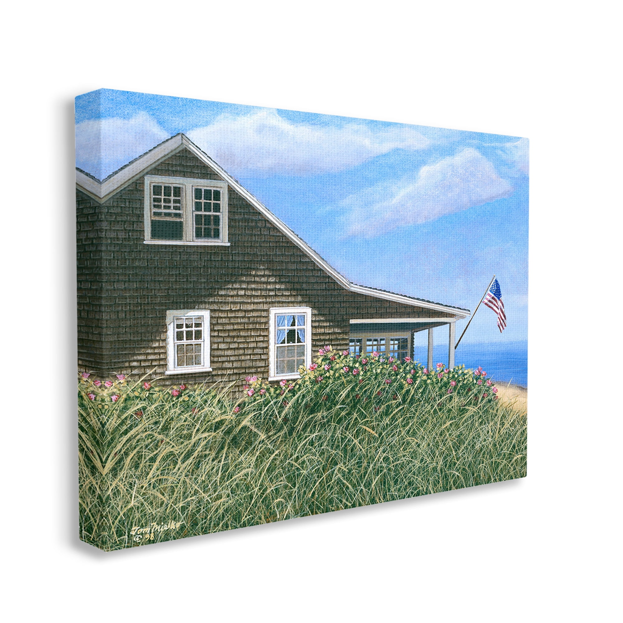 Stupell Industries Cape House with Flag Landscape Painting Gallery Wrapped Canvas Art Print Wall Art, 30 x 24