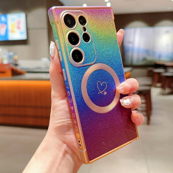 For Samsung Galaxy S22 Ultra Magnetic Phone Case,Compatible with Mag-Safe,Electroplated Double Hearts Design,Bling Glitter Dazzling Shockproof Anti-fall Ultra Slim Soft TPU  Phone Case Cover,Colorful