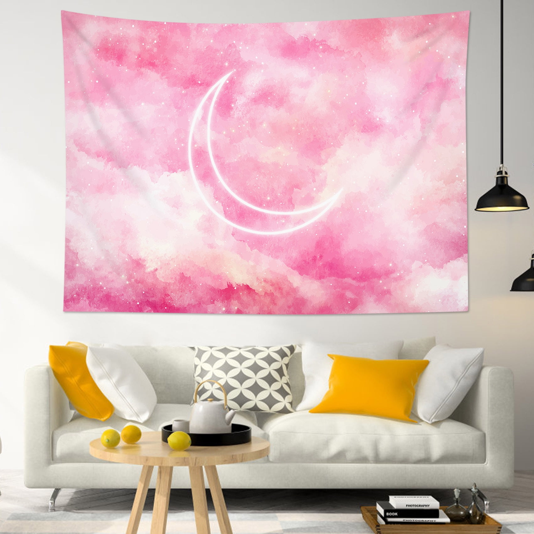 HVEST Cloud Tapestry Boho Moon on Pink Abstract Clouds Tapestries Wall