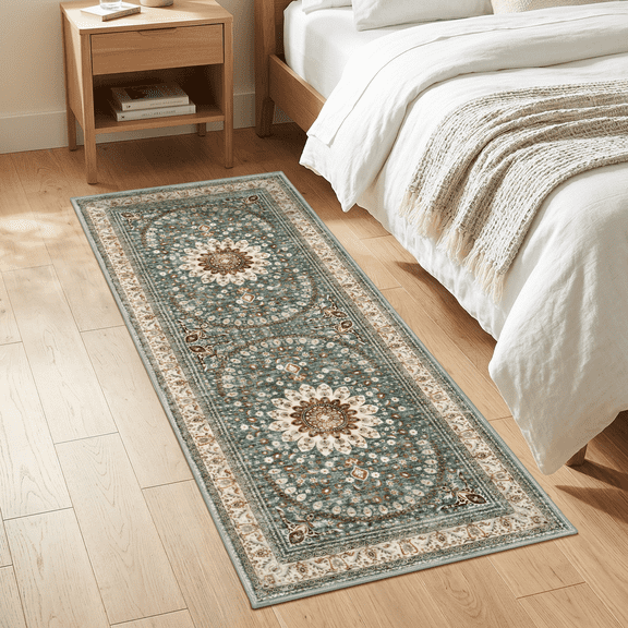 WANLISELL 2' x 6' Hallway Runner Rug, Washable Low Pile Distressed Carpet, Non Slip Runners for Laundry, Bedroom, Entrance, Kitchen, Green & Brown