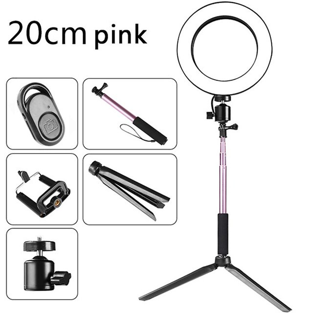 14.5 pink Lámpara de anillo Led de 14,5 cm/16cm/20cm con soporte para trípode y palo de Selfie, Kit de luz de relleno para Selfie para transmisión en vivo de teléfono móvil