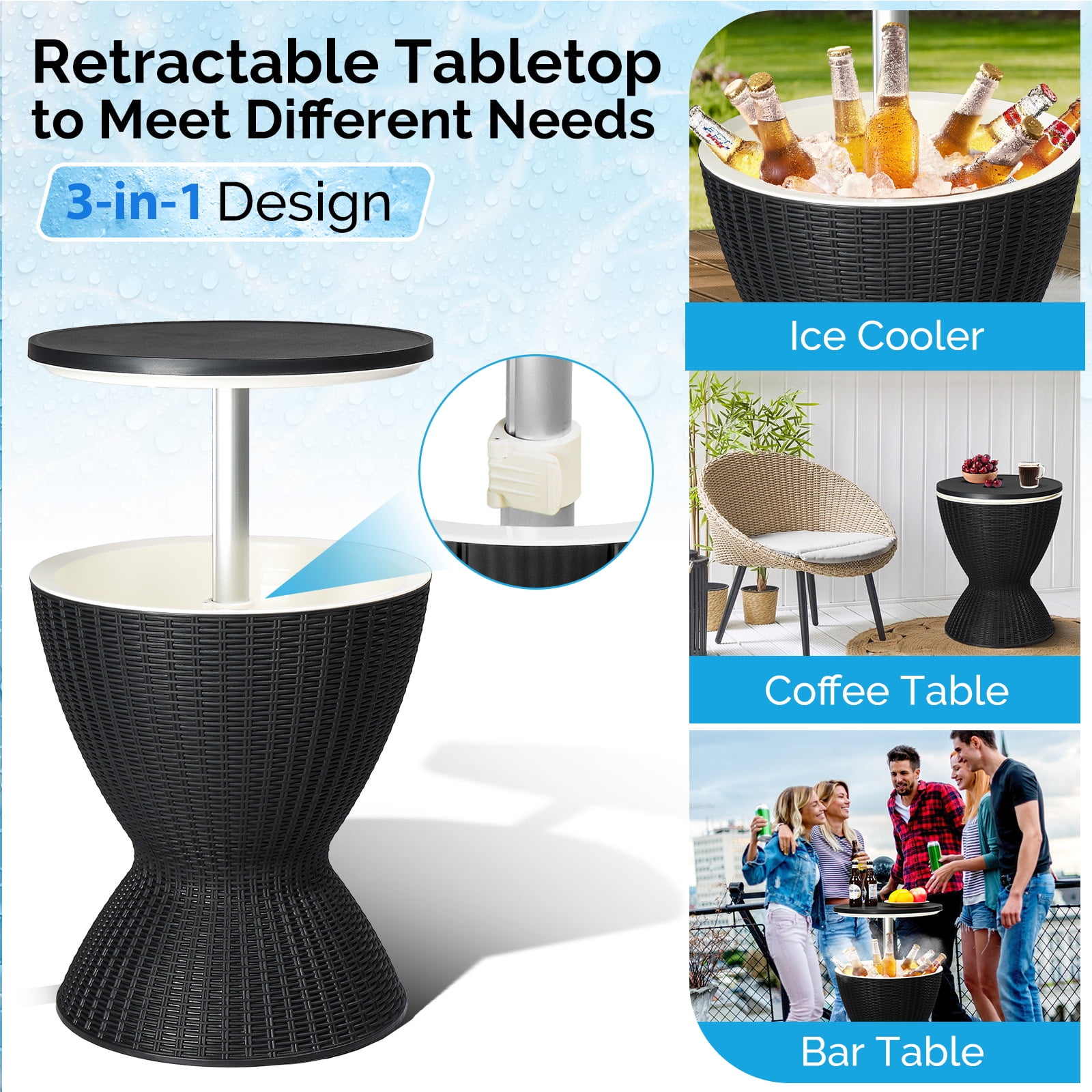 Hassch Cooler Bar Table, 8 Gallon Beer and Wine Cooler, Outdoor Cocktail Patio Bar Table, Ice Cooler with Pop-Up Lid and Drainage Plug for Deck Pool Party, Black