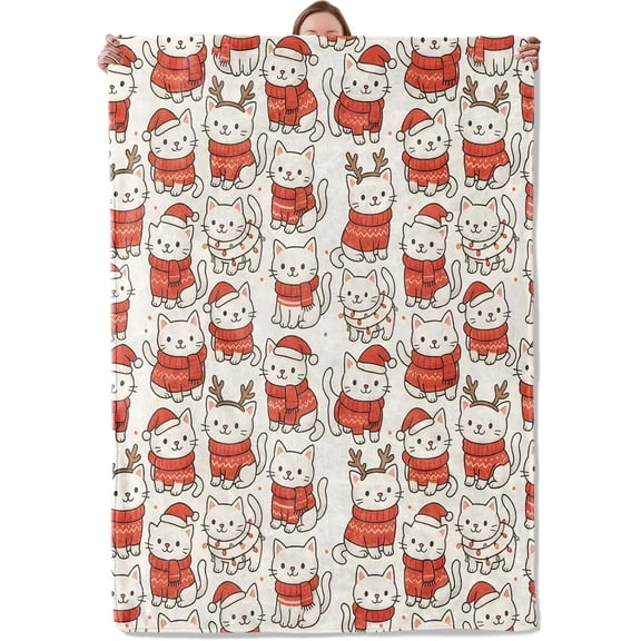 Christmas Cat Blanket Gifts for Women Adults Women Users, Cute White Cats Reindeer Antlers and Sweaters Flannel Blankets for Bedroom, Camping, Couch, Room Decor, Fuzzy Warm Soft Cozy 50 x 60 in