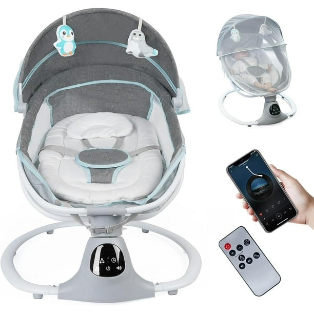 Columpio eléctrico para bebés MelloBubbz con arnés de 5 puntos y Bluetooth