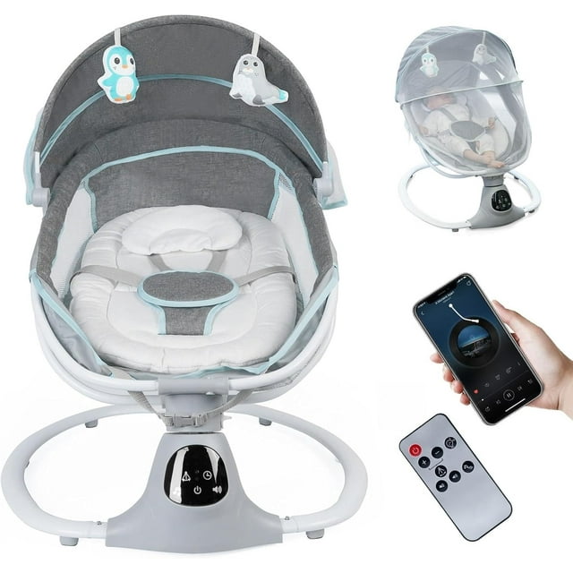 Columpio eléctrico para bebés MelloBubbz con arnés de 5 puntos y Bluetooth