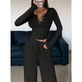 thumbnail image 4 of Women'S 2 Piece Matching Lounge Sets Long Sleeve Henley Neck Slightly Crop Top Wide Leg Pants Sweat Suit Black XL, 4 of 9