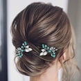 thumbnail image 3 of Turquoise Hair Pins Silver Leaf Wedding Hair Pieces Glitter Rhinestone Headpiece Hair Clips Crystal Bridal Hair Accessories for Women and Girls(Pack of 2), 3 of 4