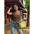 thumbnail image 5 of Women'S 2 Piece Bodysuits Ribbed One Piece Square Neck Short Sleeve Bodysuits Coffee Color S, 5 of 6