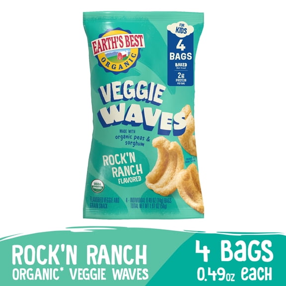 Earth's Best Organic Veggie Waves Veggie Snack, For Ages 4 , Non-GMO, Rock'N Ranch Flavored, 0.49 Ounce Bags, 4 Pack