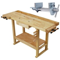 55-Inch Wood Workbench with 7-Inch Cast Iron Vise, Heavy-Duty Garage Workshop