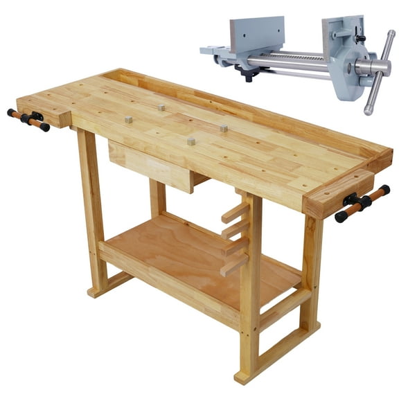 55-Inch Wood Workbench with 7-Inch Cast Iron Vise, Heavy-Duty Garage Workshop