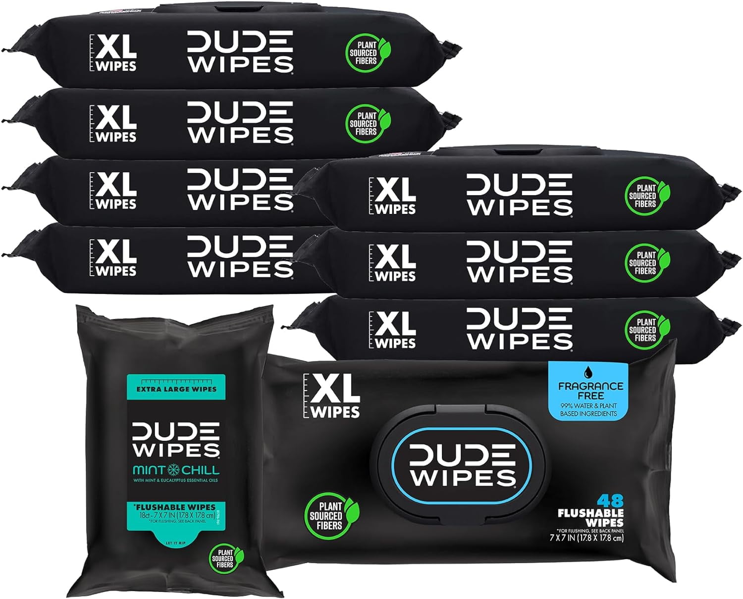 DUDE Wipes - Flushable Wipes - Unscented 8 Pack + Mint Travel Pack, 402 Wipes - Extra Large Dispenser Wet Wipes with Vitamin E & Aloe For Men - Septic and Sewer Safe