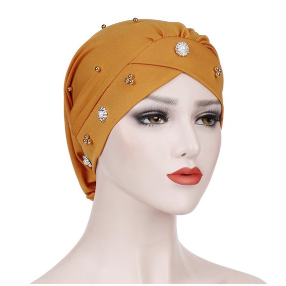 AJGRHE Beaded Forehead Turban Hat Chemotherapy Night Small Baotou Women Baseball Caps Yellow One Size