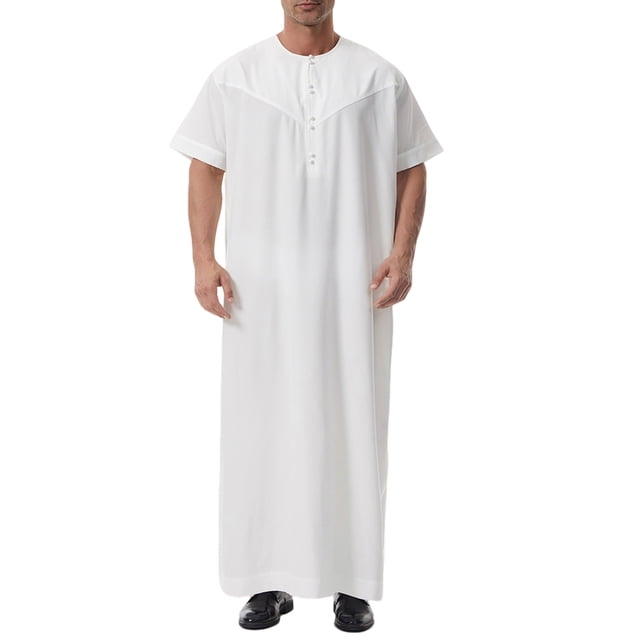 RXMEKW Short Sleeve Thobe with Neck Button and Pocket for Men, Casual Islamic Robe in Solid Color