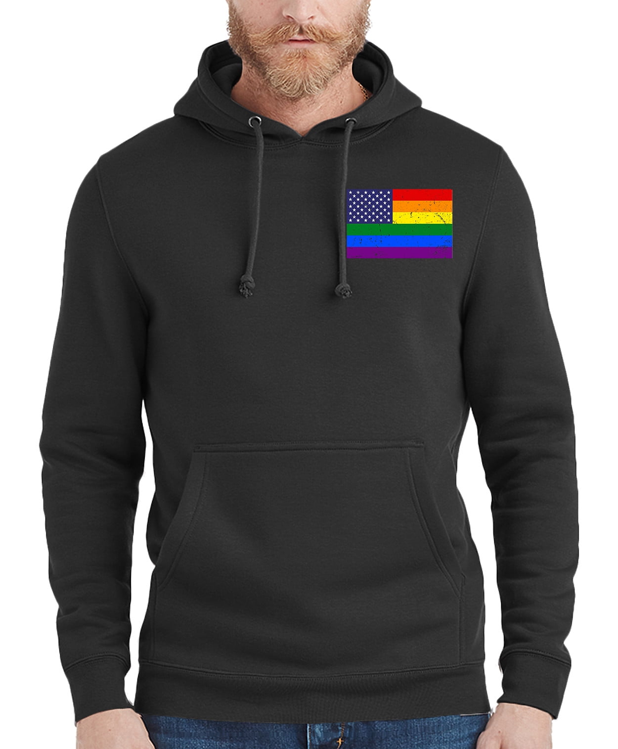 Interstate Apparel Mens US Rainbow Gay Flag Black Fleece Zipper Hoodie Black