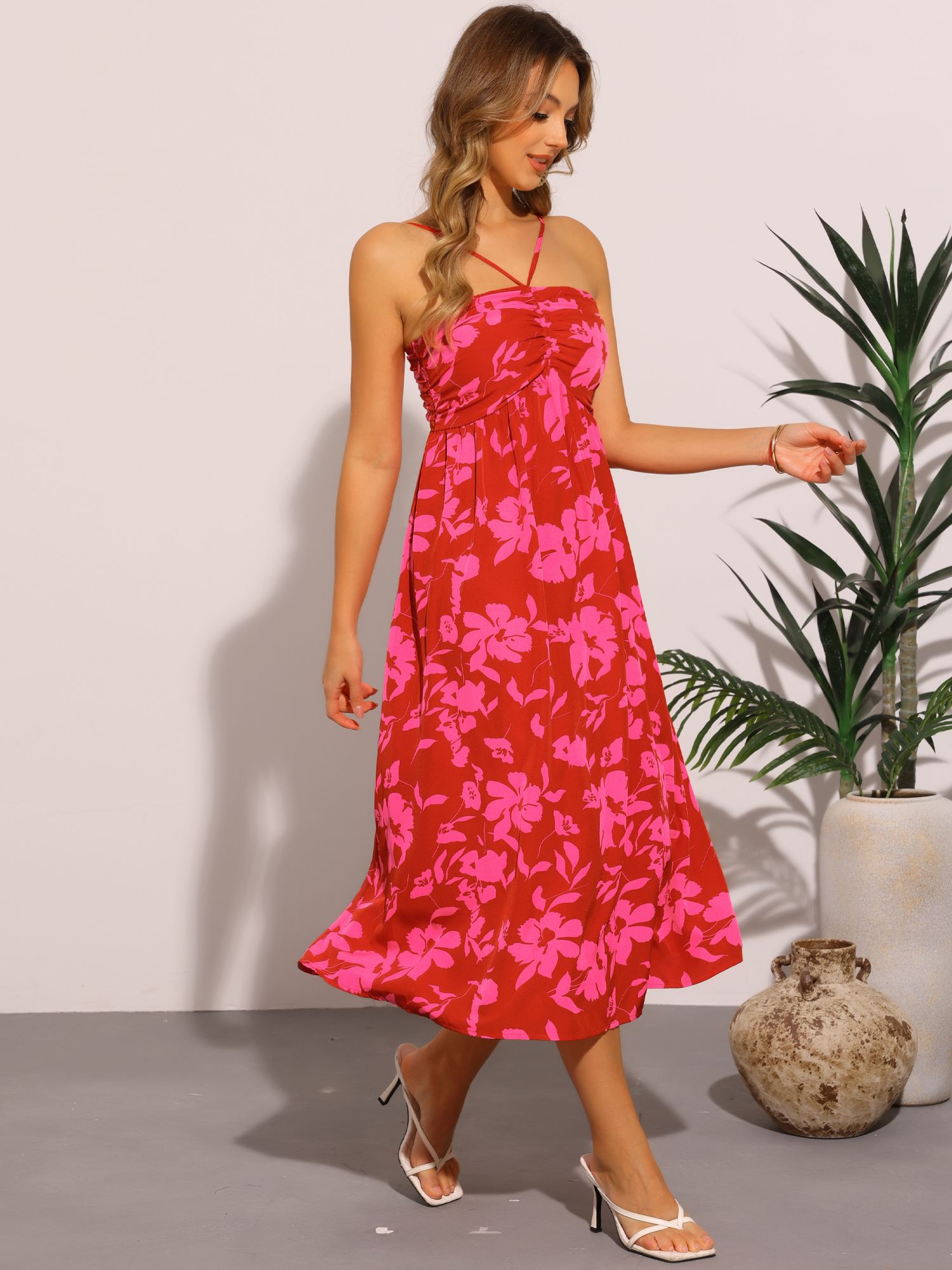DARING DIVA Floral Easter Sleeveless Crisscross Straps Midi Dress XS Red