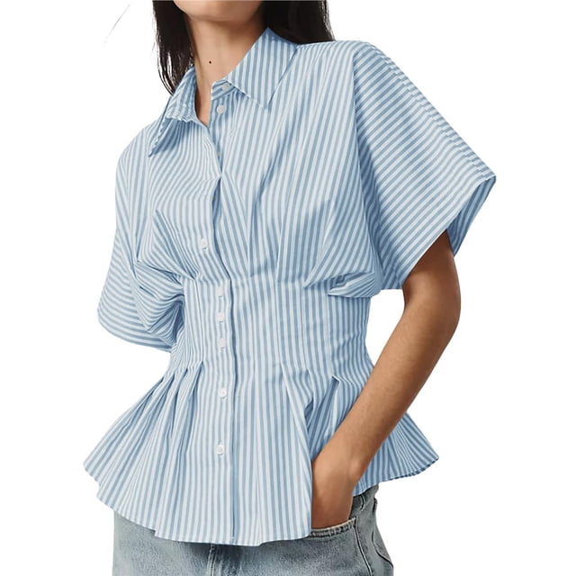 Camisas A Rayas con Botones para Mujer, Blusa Plisada de Corta Corsé, Informal, Verano. Azules M