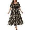thumbnail image 1 of Vestido Floral de Talla Grande para Mujeres Agnes Orinda, Cuello Cuadrado, Espalda Fruncida, Manga con Volantes, Vestido Maxi de Verano 4X Negro, 1 of 5