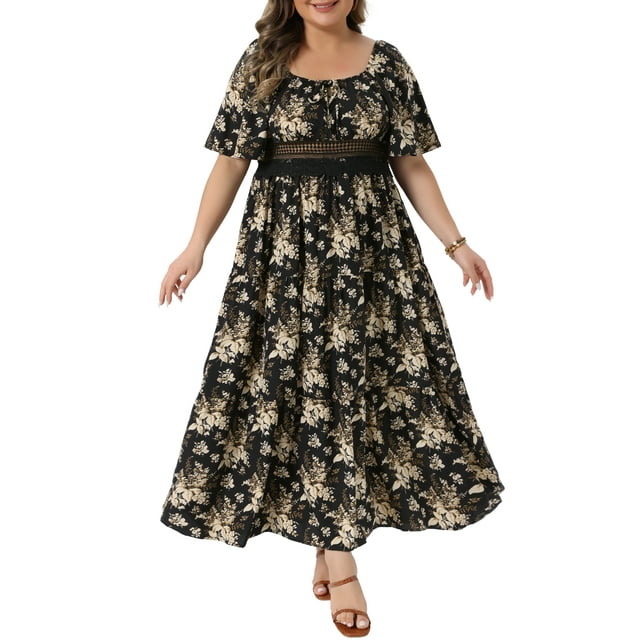 Vestido Floral de Talla Grande para Mujeres Agnes Orinda con Cuello Cuadrado Curvo, Espalda Fruncida, Mangas con Volantes, Vestido Maxi de Verano 3X Negro