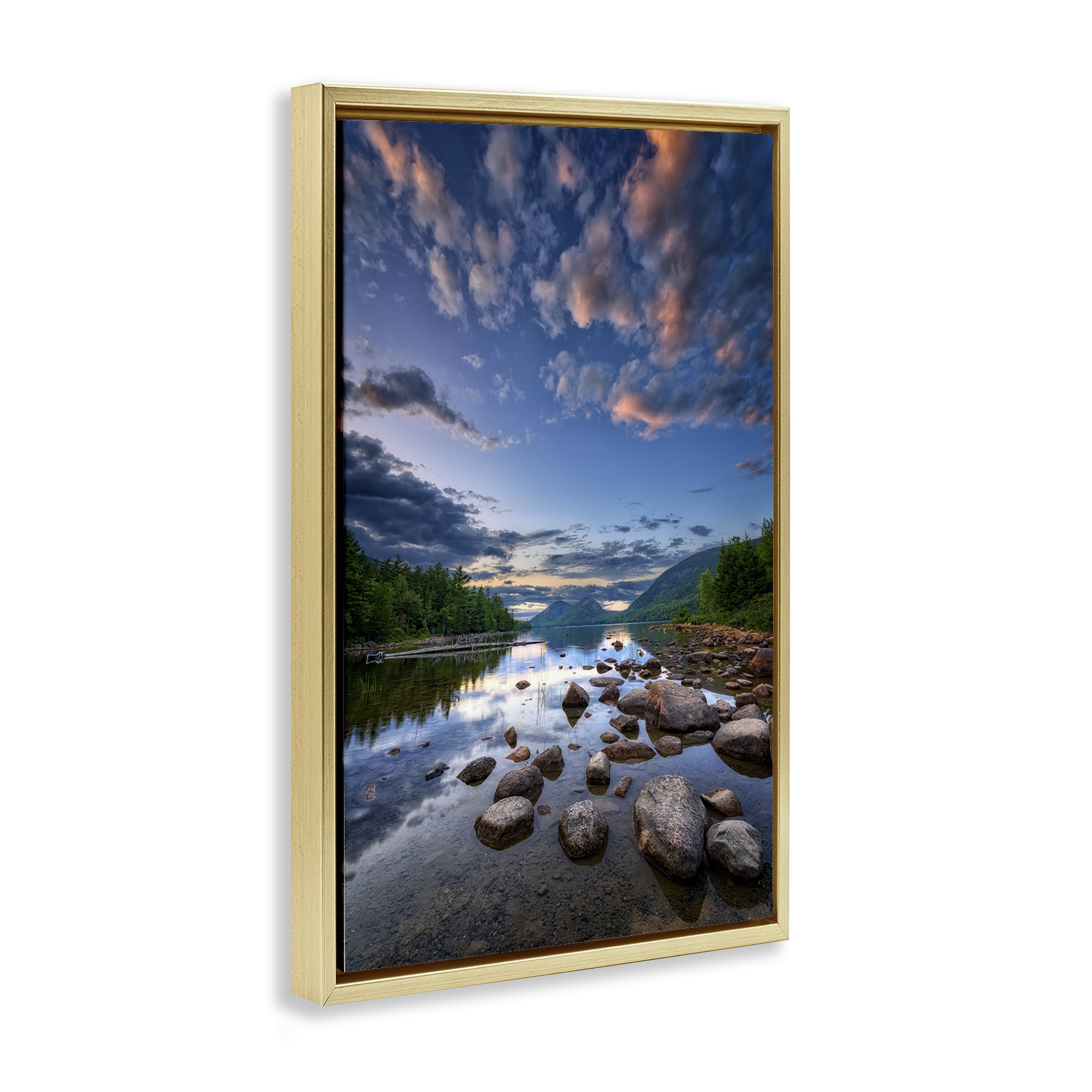 Stupell Industries Rocky Mountainous Shore Landscape & Nature Photography Gold Floater Framed Canvas Art Print Wall Art, 21 x 31