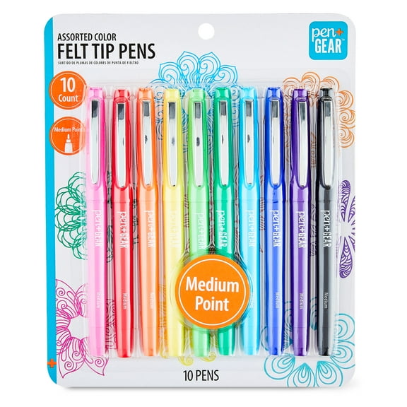 Pen+Gear Felt Tip Pens, Medium Point, Assorted Colors, 10 Count