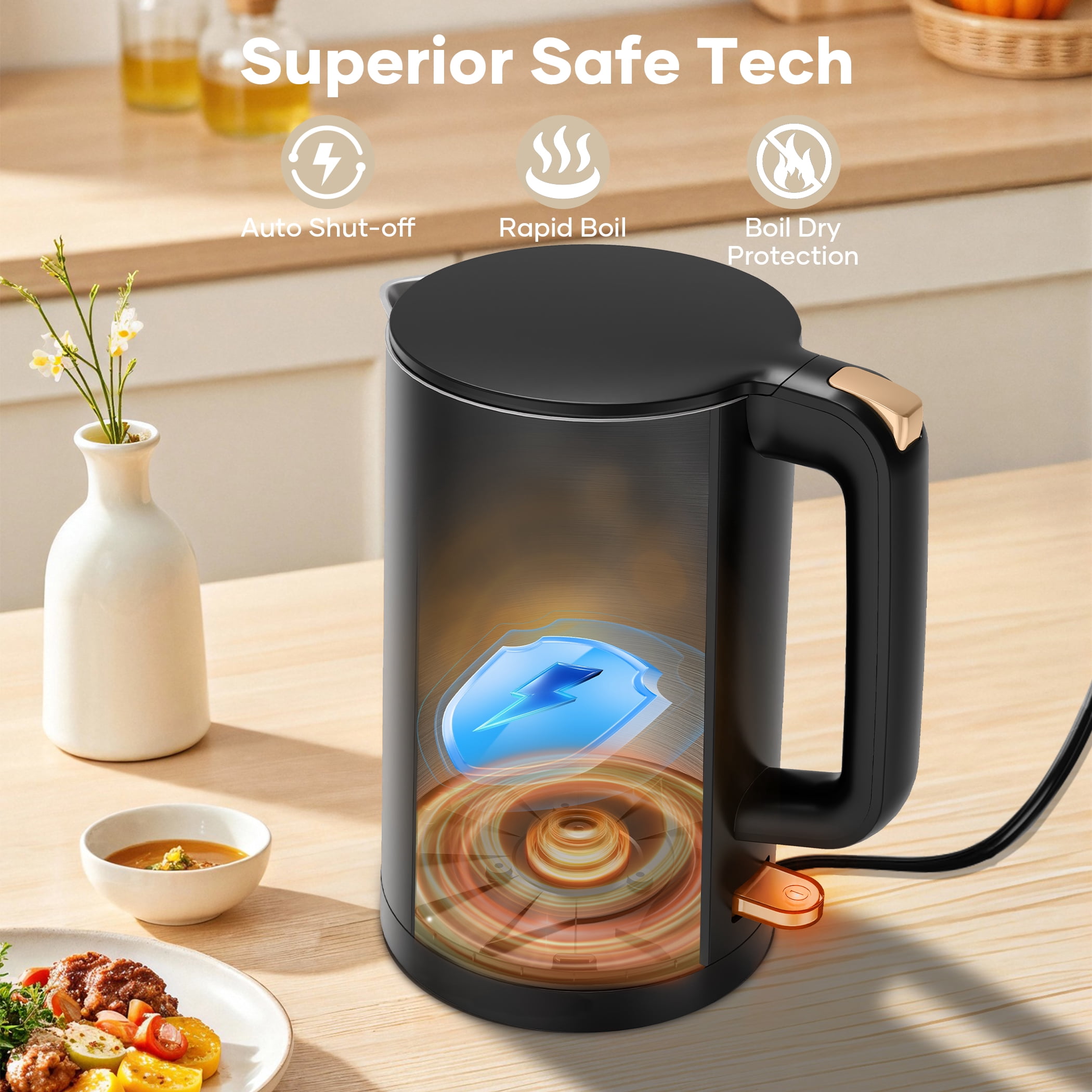 Electric Kettle, Double Wall 1.7L Stainless Steel Cool Touch, Water Boiler & Heater, 1500W Hot Tea Pot, Black