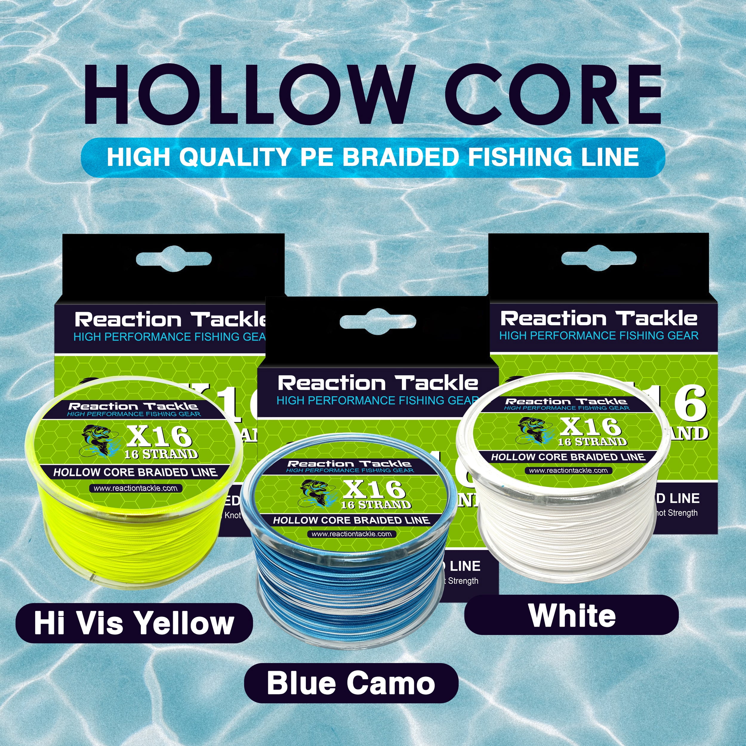 Reaction Tackle Hollow Core, 16 Strand Braided Fishing Line Blue Camo - 130LB / 2500yards